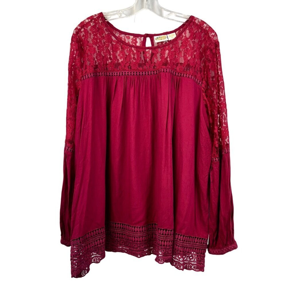 Collections Etc Women’s Lace Pullover Top Raspberry Size XL Keyhole